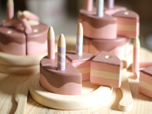 Seconds Wooden birthday cake hand carved and hand painted - with stand and knife 10pce set