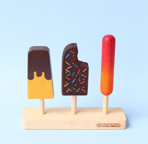 On SALE Little Monq Wooden popsicle set (handmade and painted) 4 pce set Inc stand